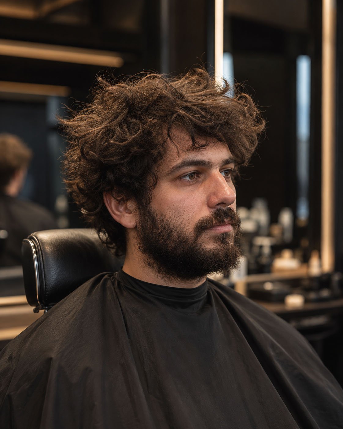 Before - longer curly hair and fuller beard
