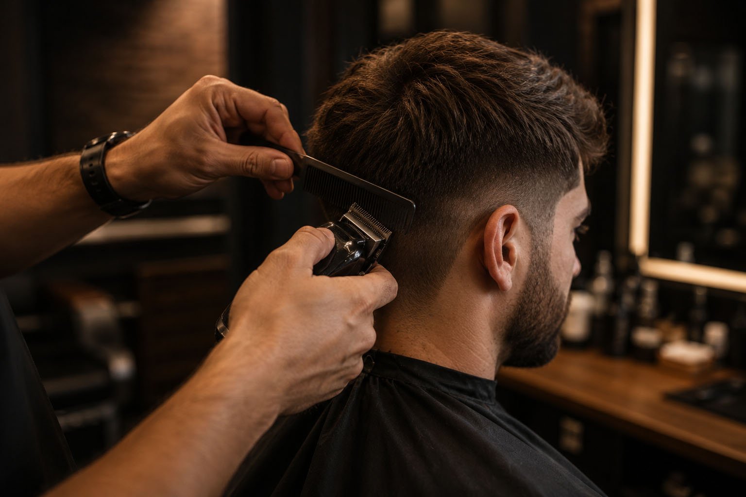 CutRoom barber shaping a fade in the Didsbury chair